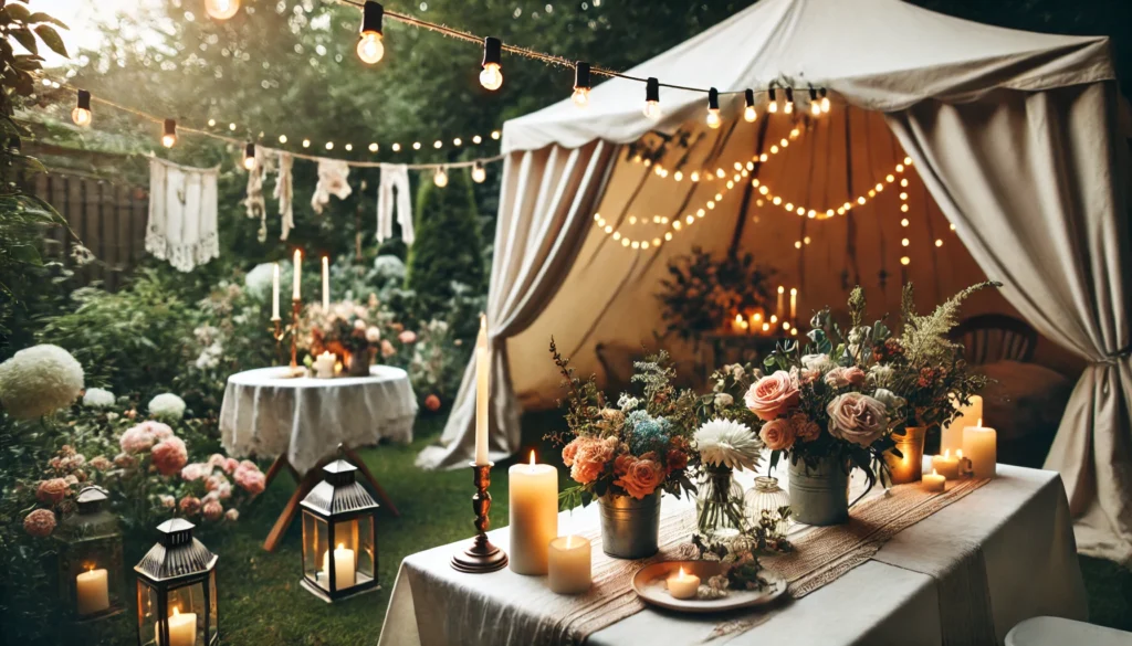 An intimate backyard wedding setup. The scene should include a small tent with simple but elegant decorations, flowers, and string lights.